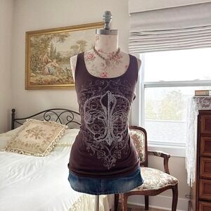 Y2K zona libre brown fleur de lis rhinestone tank top size xl